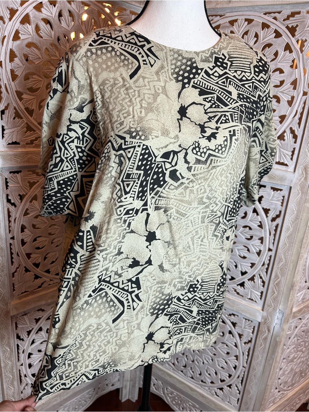 Catalina Beige and Black Asymmetrical Short Sleeve Dress